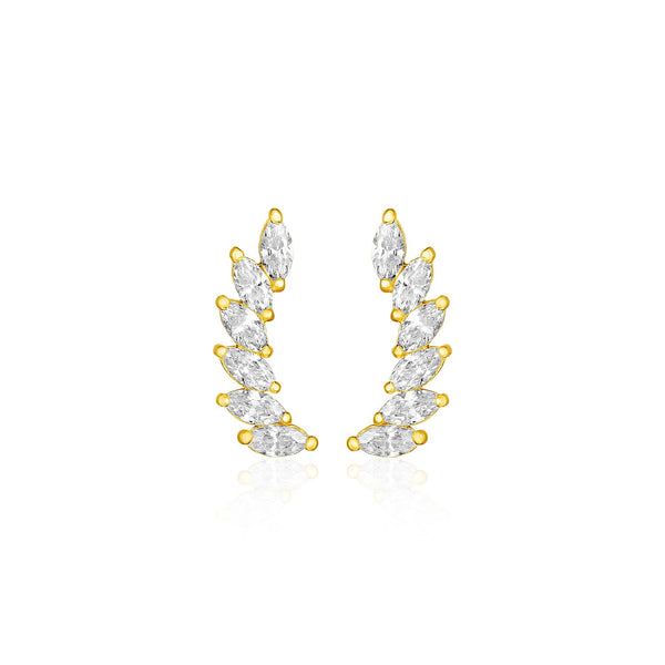 14k Yellow Gold Leaf Motif Climber Post Earrings with Marquise Cubic Zirconias